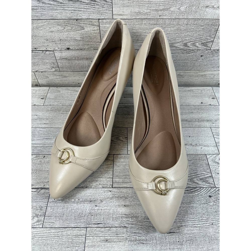 ROCKPORT TM75MM PLAIN TOE ORNAMENTED PUMP Vanilla LEATHER Heels Women Sz 9
